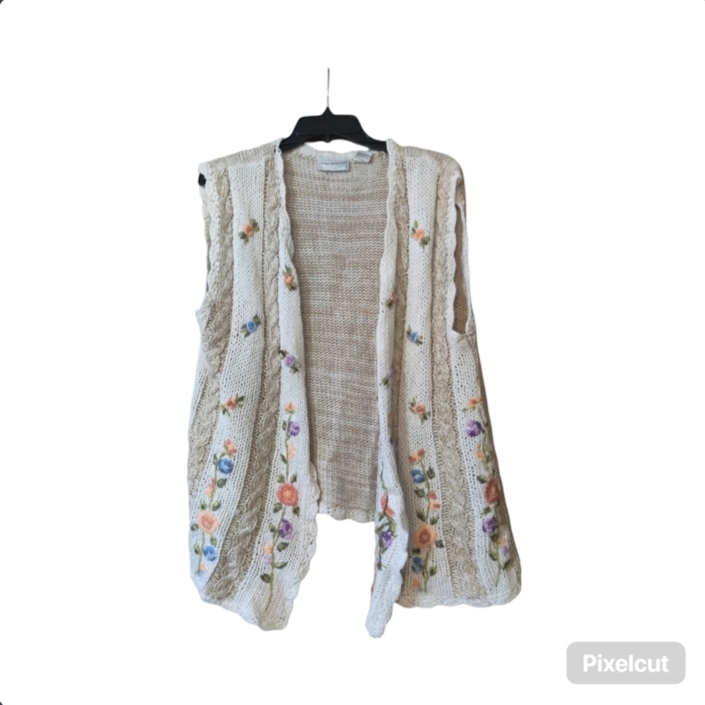 Adrian Delafield Floral Embroidered Knit Vest XL Grannycore